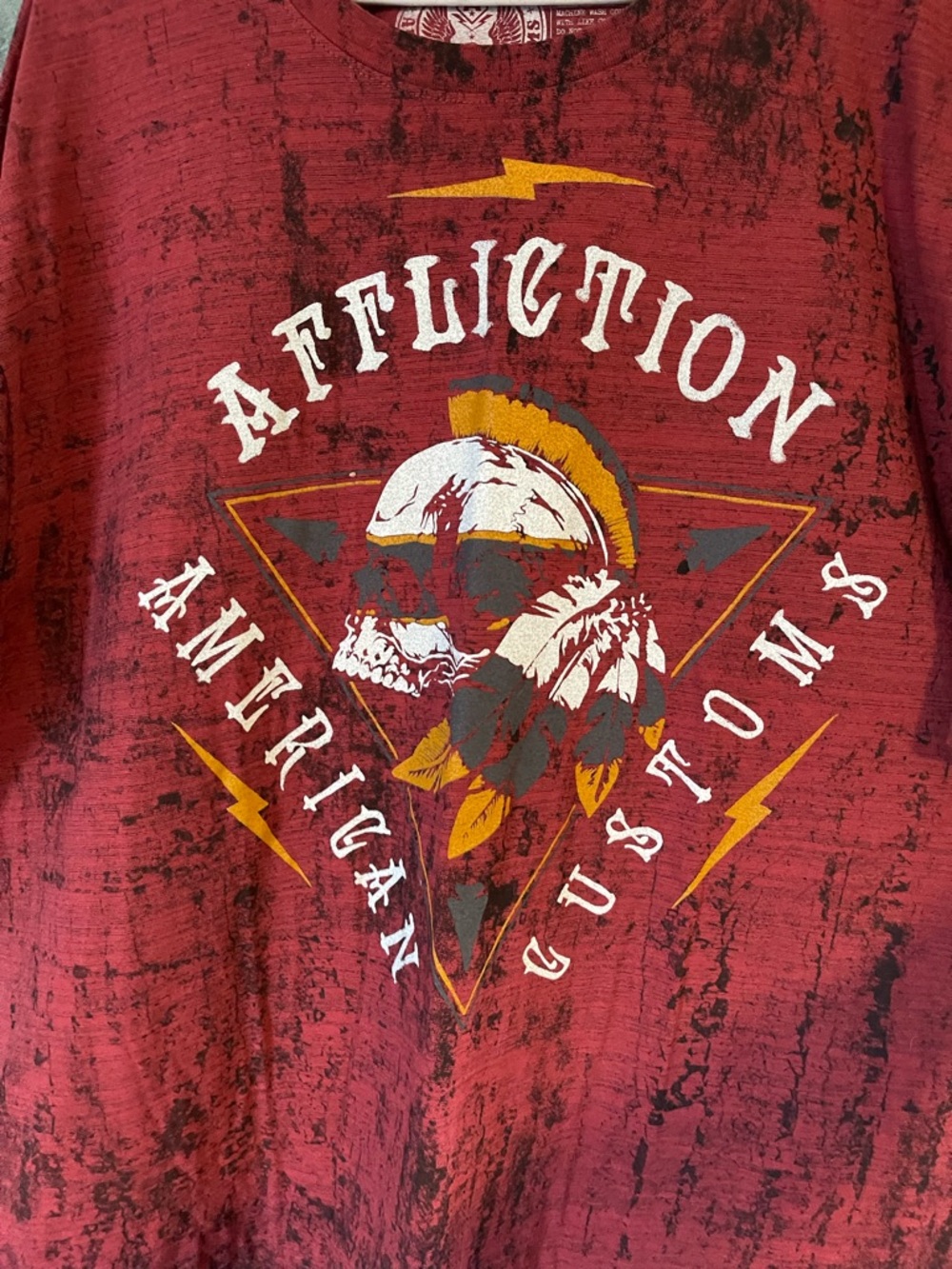 Affliction Red Graphic Short Sleeve Tee with Yellow Accents